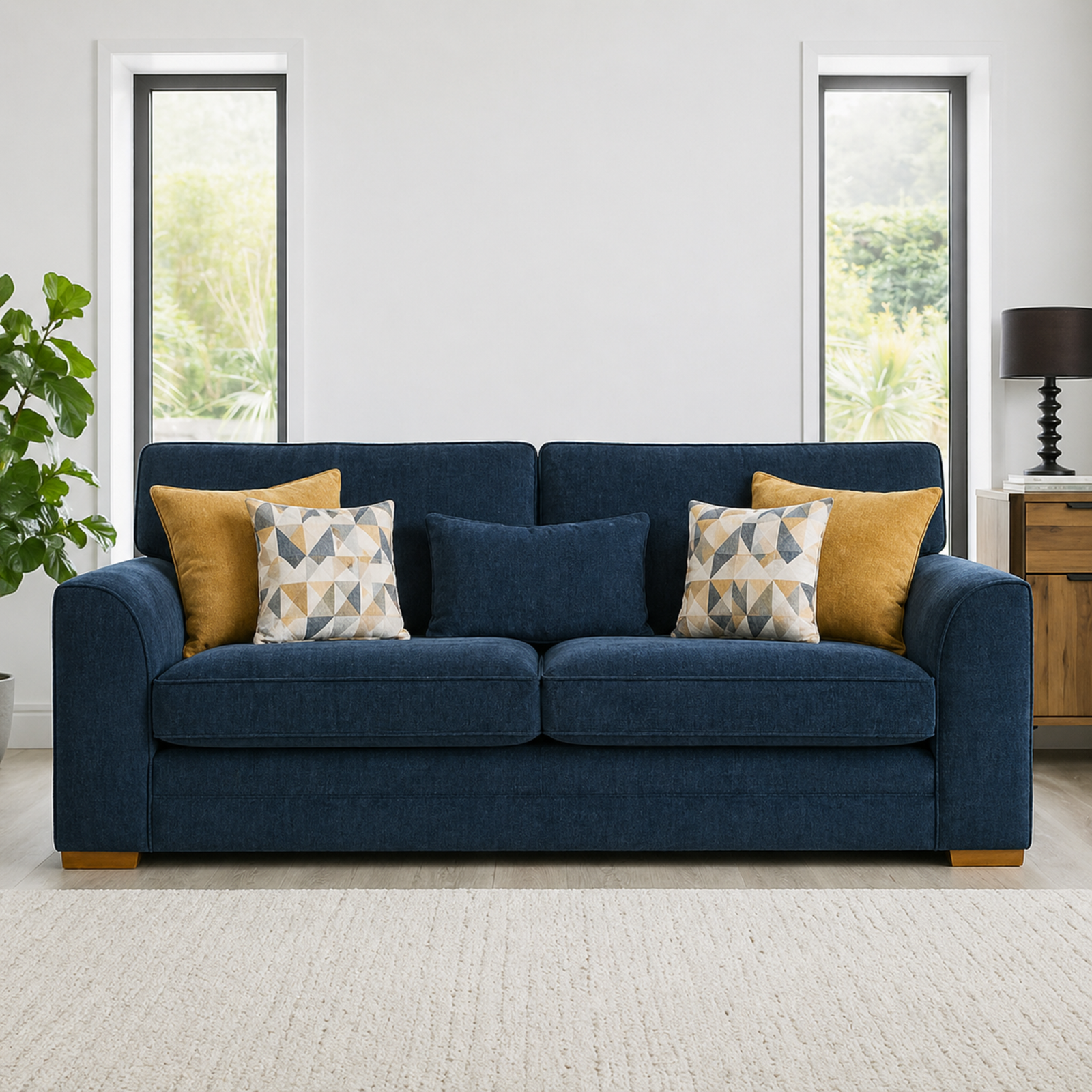 Deep Navy Blue 3-Seater Fabric Sofa with Scatter Cushions