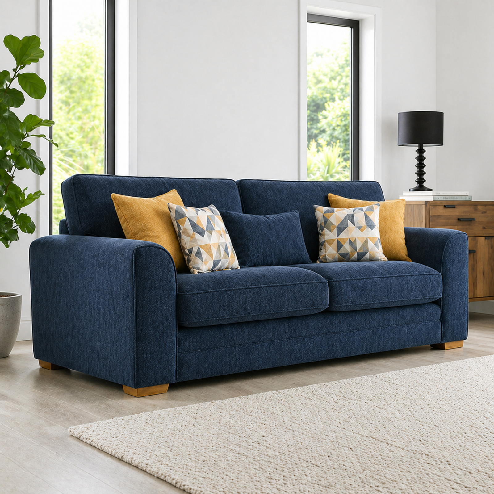 Deep Navy Blue 3-Seater Fabric Sofa with Scatter Cushions
