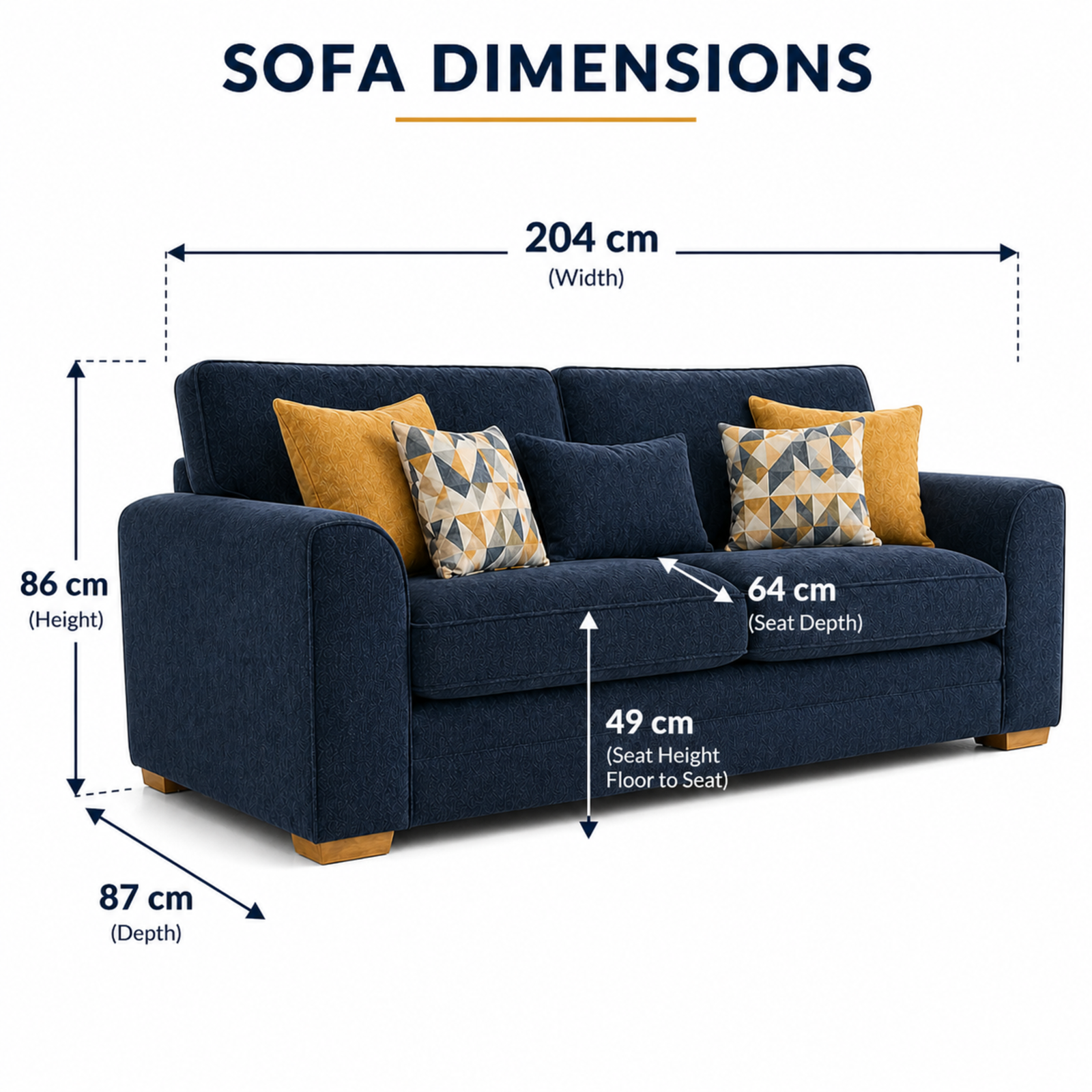 Deep Navy Blue 3-Seater Fabric Sofa with Scatter Cushions