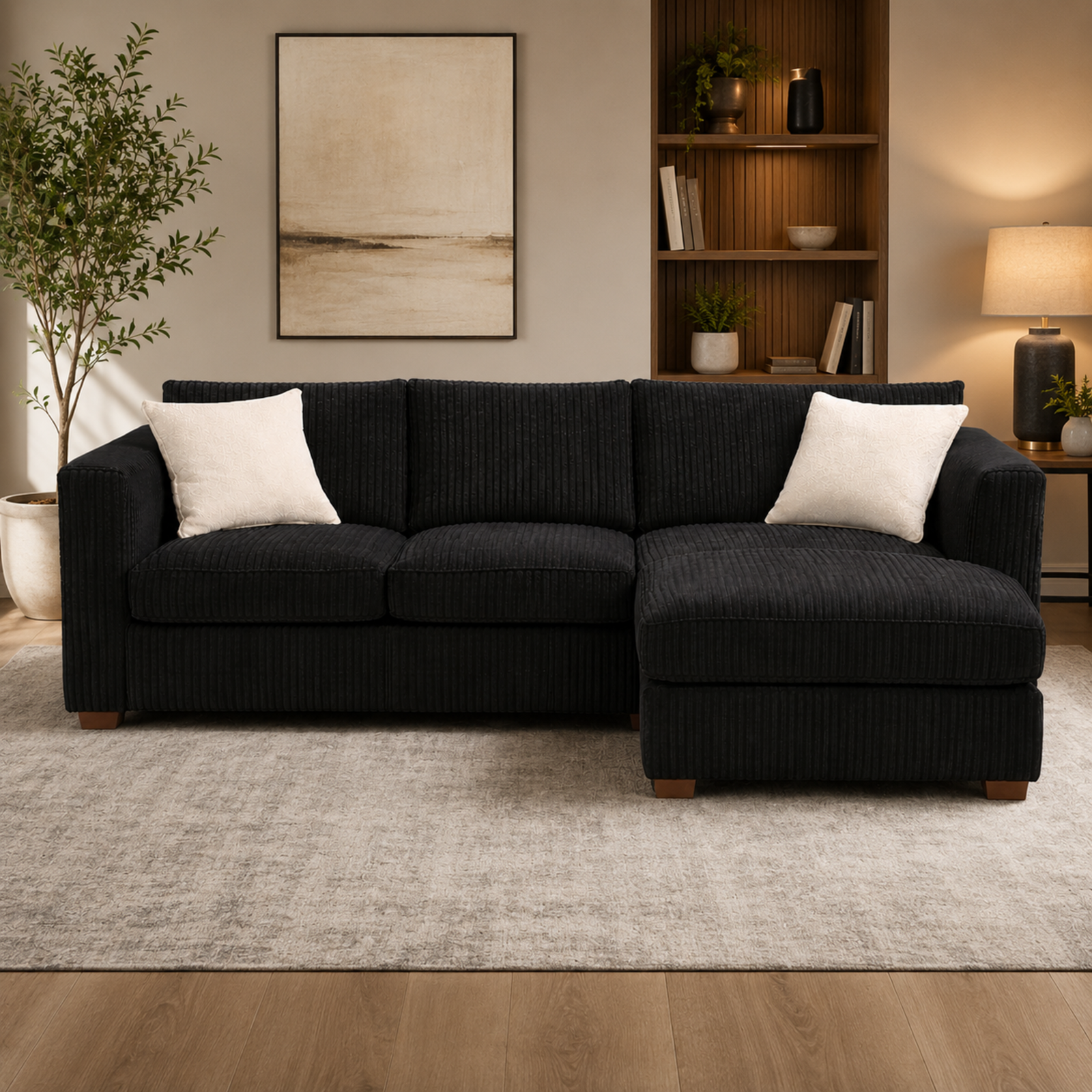 Large Black Jumbo Cord 4-Seater Corner Sofa