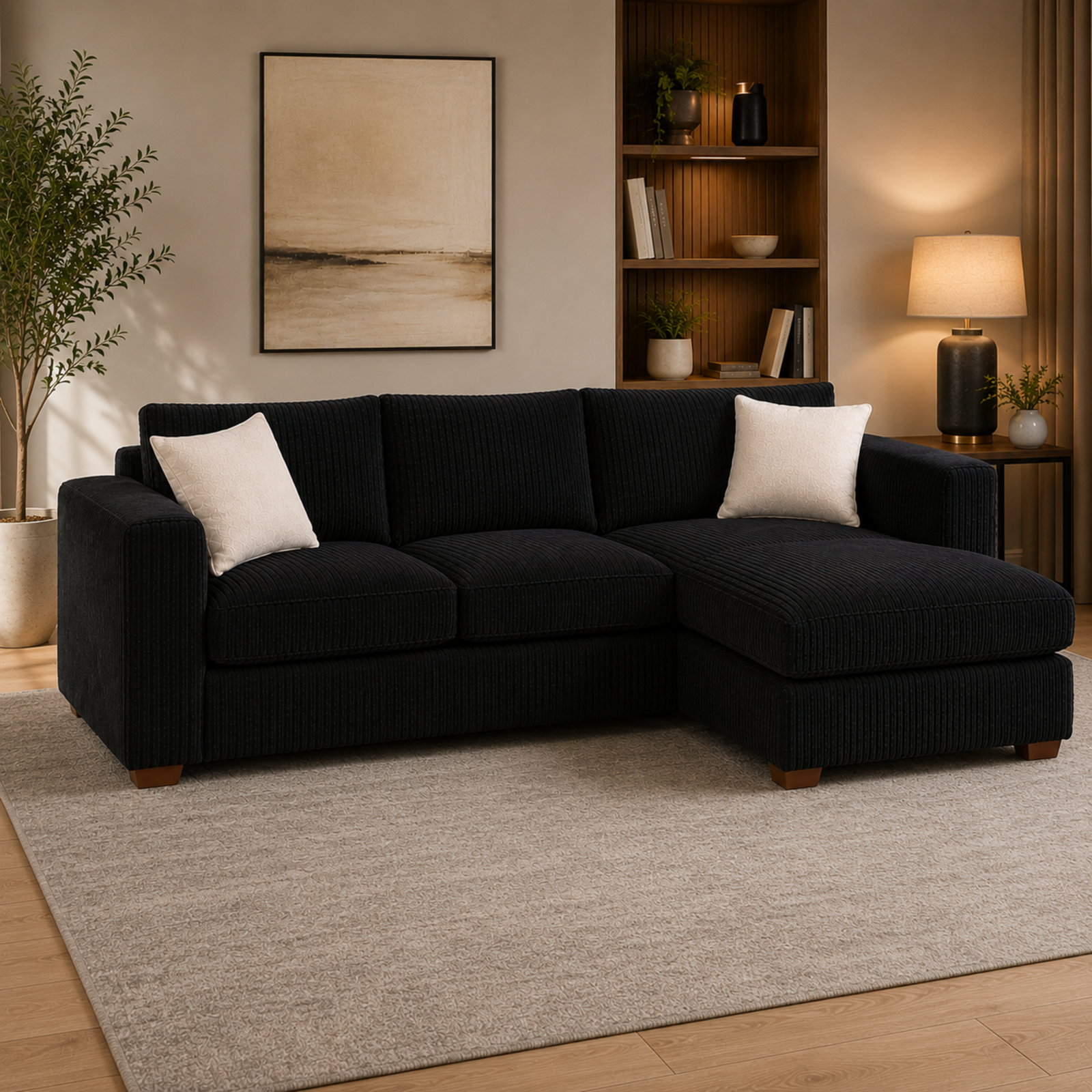 Large Black Jumbo Cord 4-Seater Corner Sofa