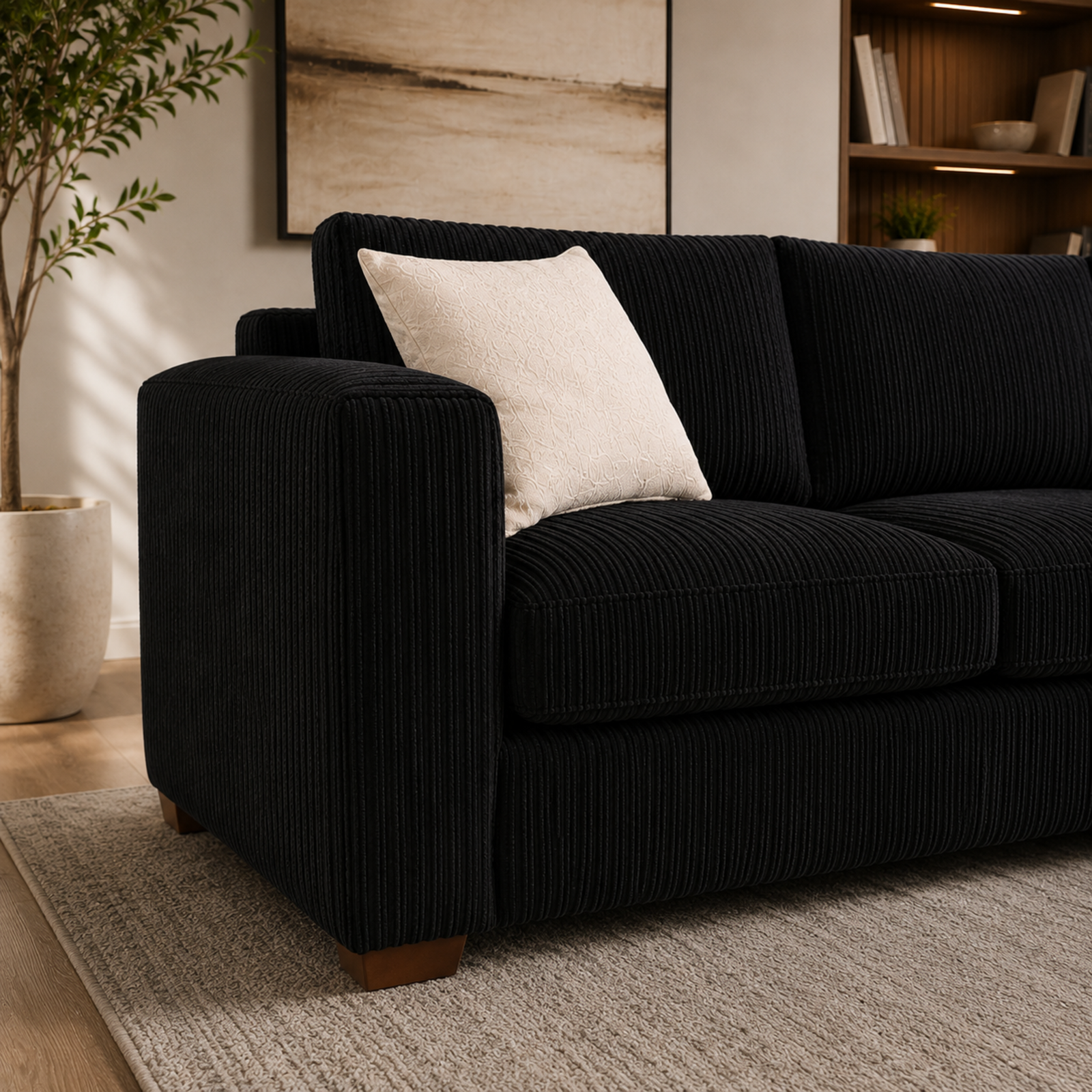 Large Black Jumbo Cord 4-Seater Corner Sofa