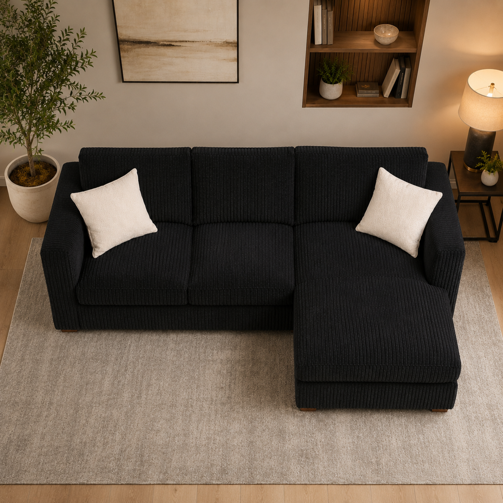 Large Black Jumbo Cord 4-Seater Corner Sofa