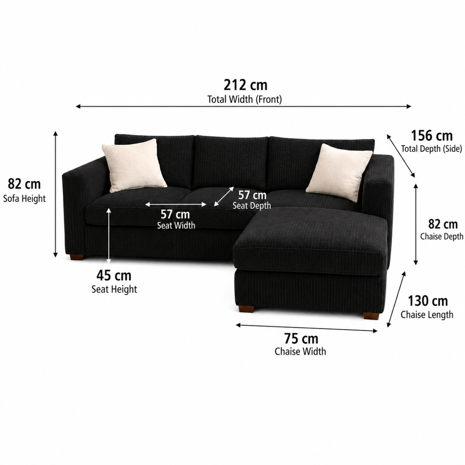 Large Black Jumbo Cord 4-Seater Corner Sofa